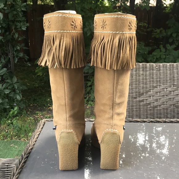 Candie’s Vintage Sz 7.5 Moccasin Wedge Fringe Suede Tall Western Cowboy Boots - Picture 7 of 15